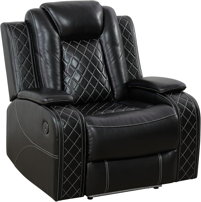 Breathing Leather Power Reclining Chair, Leather Reclining Sofa Couch Chair for Living Room, Single Recliner with USB Ports/LED Lighting for Bedroom/Office/Home Theater (Black, Recliner Chair)