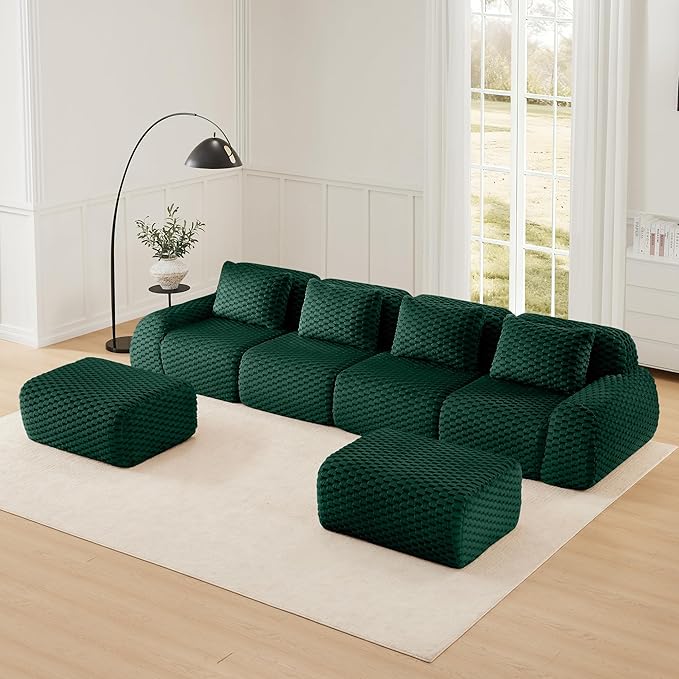 KEIKI 146" Oversized 4-Seater Boneless Couches for Living Room, Comfy Deep Seat Modular Sectional Velvet Sofa U-Shaped, Plush Cloud Cushion No Assembly Lounge Couch, Modern Comfort Design, Green