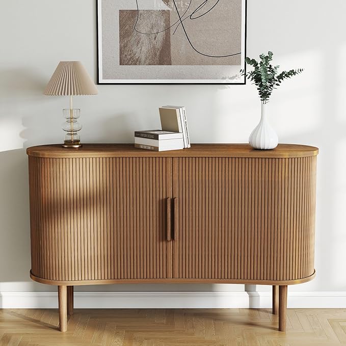 Mid-Century Modern Sideboard Buffet Cabinet, 55" Storage Cabinet with 4 cabinets, Decorative Fluted Sliding Doors for Bedroom Dining Room Small Space, Walnut Finish, Walnut