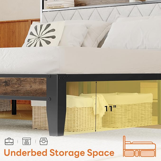 Sweetcrispy King Bed Frame with Headboard, Storage Headboard with USB Charging Station, Durable Squeak-Free Frame, Simple No-Tool Assembly,Works with King Mattress No Box Spring Needed