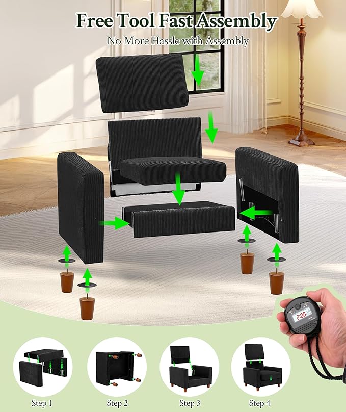 Welzona 35.3" Couches for Living Room, Comfy Black Couch Single with 22.5" Deeper Seat, Accent Chair Tool-Free Setup, Reading Chair 440lbs Support, Corduroy Couch for Bedroom, Apartment, Office