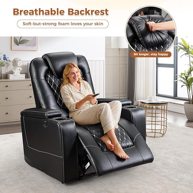ANJ Power Recliner Chair with USB Ports and Cup Holders - Overstuffed Electric Home Theater Seating PU Leather Reclining Furniture with Hidden Arm Storage, Easy to Clean ，Black