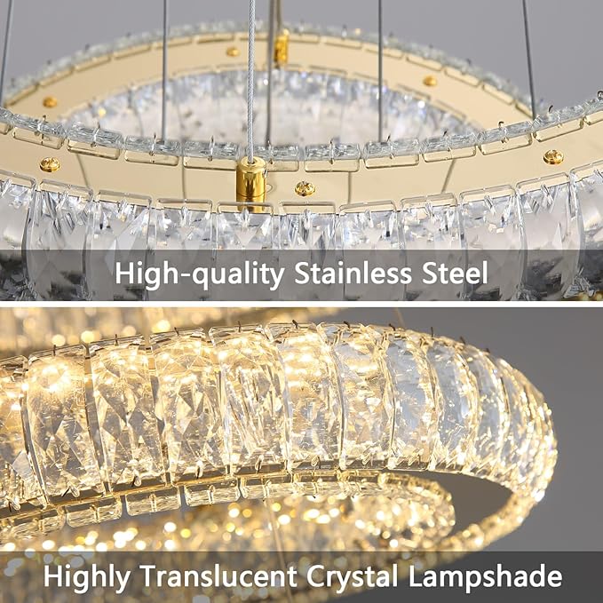 Modern Chandelier 8"+16"+24"+32"+40" 5 Rings Crystal LED Dimmable Lighting Foyer Entryway High Ceiling Living Room Chanderliers Pendant Lights Fixtures Gold Light