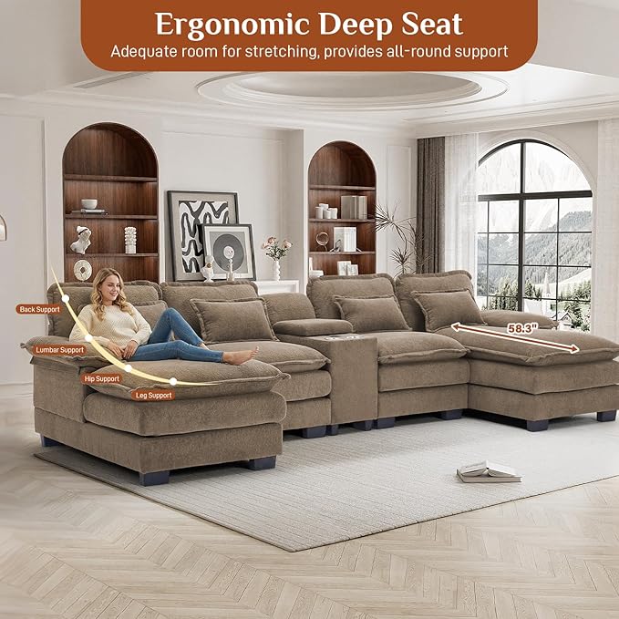 133" Oversized U Shaped Cloud Couch Modular Sectional Couches for Living Room Comfy Chenille Deep Seat Sofa Set with Double Chaise Lounge, Storage Central Console, Cup Holders, USB Port, Brown
