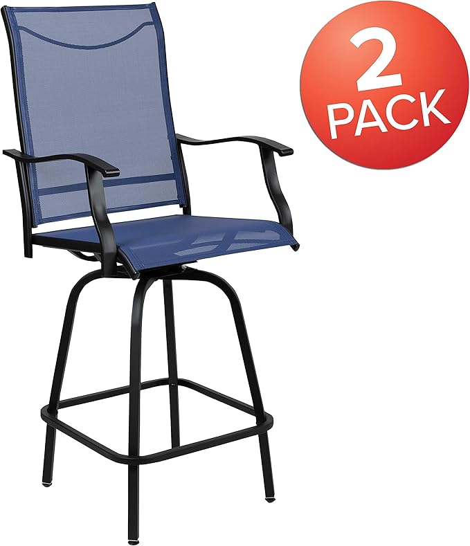 Flash Furniture Valerie All-Weather Swivel Patio Barstools with Footrest and Armrests, Modern Sling Outdoor Bar Height Stools, Set of 2, Navy