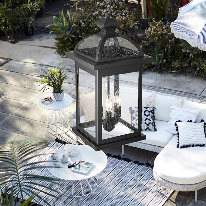Darkaway Outdoor Pendant Lights for Porch, Extra Large 23inch Outdoor Chandelier 3-Light Hanging Lights Adjustable Hegiht Exterior Chandelier Ceiling Mount with Seeded Glass for House Patio Gazebo