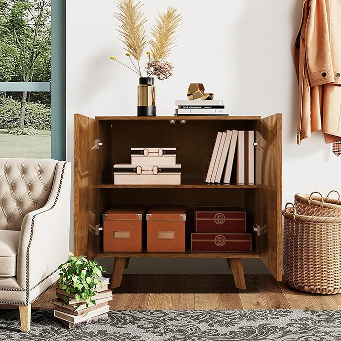 Fluted Storage Cabinet, Modern Accent Buffet Sideboard with Adjustable Shelves, Freestanding Sideboard with Double Doors, Accent Cabinet with 2 Doors for Hallway Entryway Living Room (Walnut)