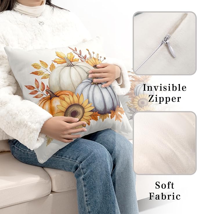 Fall Pillow Covers 22x22 Set of 2 Colorful Pumpkin Sunflower Wreath Throw Pillow Covers Autumn Harvest Pillow Case Thanksgiving Cushion Case for Home Decor Couch Sofa