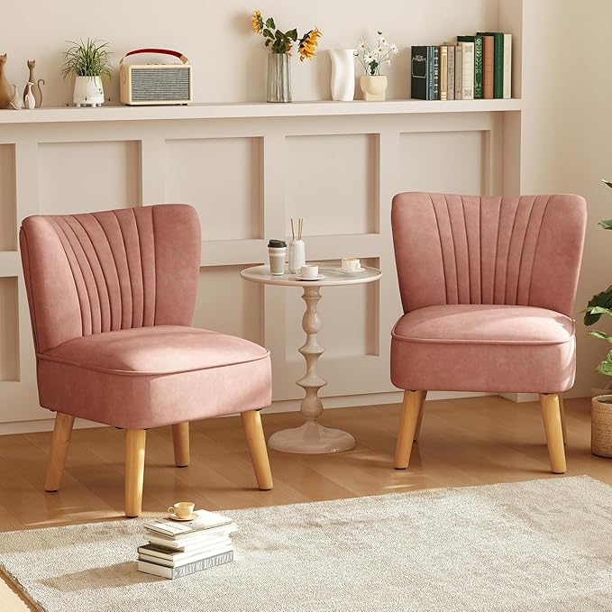 KOMFOTT Velvet Accent Chair, Modern Armless Sofa Chair with Solid Rubber Wood Legs, Wingback Leisure Chair with Thick Cushion, Upholstered Side Chair for Living Room, Bedroom, Pink