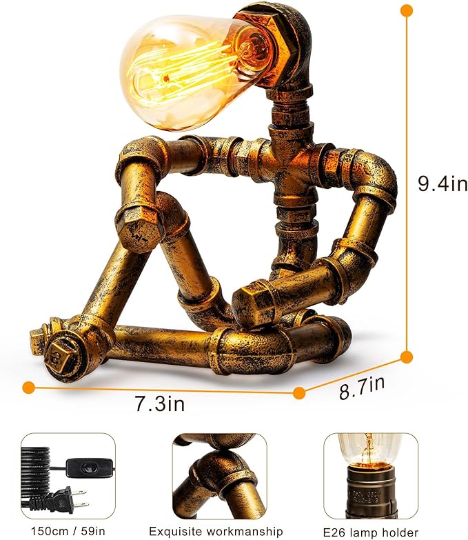Steampunk Table Lamp, Vintage Industrial Metal Robot Table lamp, Water Pipe Table Lamp, Steam Punk Pipe Lamp Style Desktop Light for Bar Cafe Desktop Room Decoration