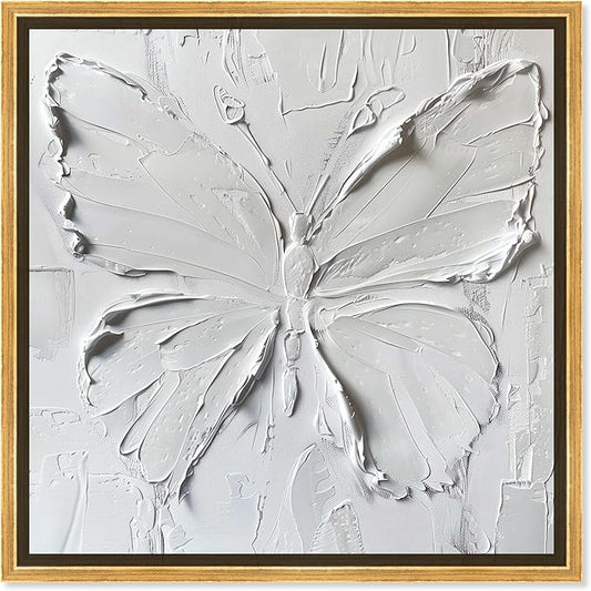 Art Remedy White Butterfly Canvas Elegant White Gold Wall Art, Gold Frame, 12" x 12"