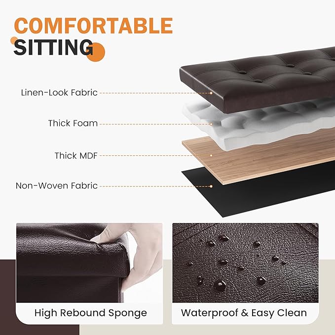 Youdesure Folding Storage Ottoman Bench, 30 inch Faux Leather Footrest Couch for Living Room, Storage Bench with Padded Seat for Bedroom Hallway, Holds up to 350lbs, Brown