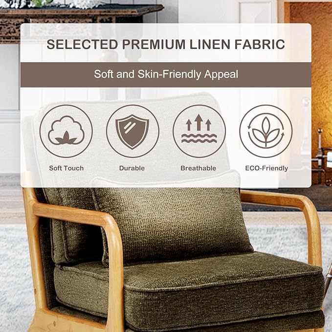 Modern Accent Chair Set of 2 with Lumbar Pillow, Relaxing Mid Century Chair Armchair with Solid Wood Frame & Soft Cushion, Reading Leisure Armchair for Living Room, Green