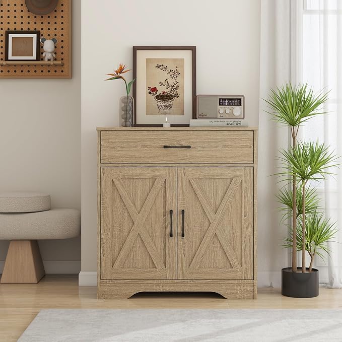 Panana Wooden Cabinet 1 Drawer and 2 Doors Storage Cupboard Coffee Bar Sideboard Farmhouse Entryway Organizer Console (Nature)