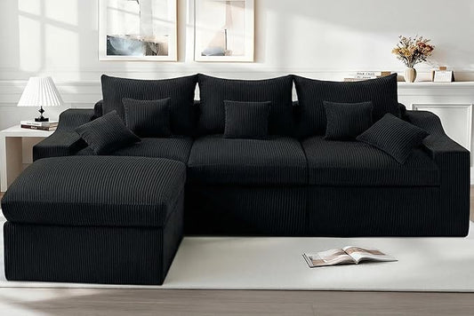 HABUTWAY 104" L Shaped Cloud Sectional Couch, Boneless Modular Sectional Sofa with Deep Seat, Corduroy Couches for Living Room, Modular Couch, No Assembly Required (Black)