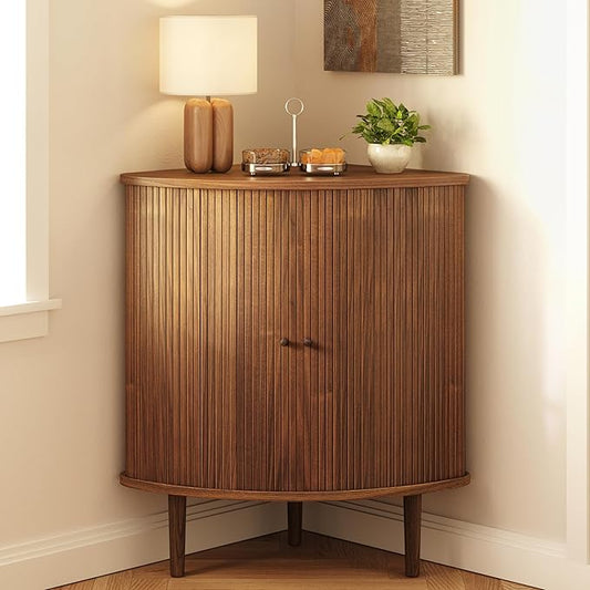 WERMO 30'' Corner Bar Cabinet with Sliding Doors - Angled Corner Cabinet Kitchen, Small Corner-Fitting Coffee and Wine Bar Sideboard Buffet for Kitchen, Dining Room, Living Room, Home Office (Walnut)