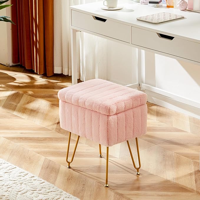 DUMOS Vanity Stool Chair, Ottoman with Storage, Makeup Cute Soft Small Footstool, Modern Style Faux Fur Seat with 4 Metal Legs & Adjustable Feet for Dressing, Living Room, Bedroom, Dorm, Pink