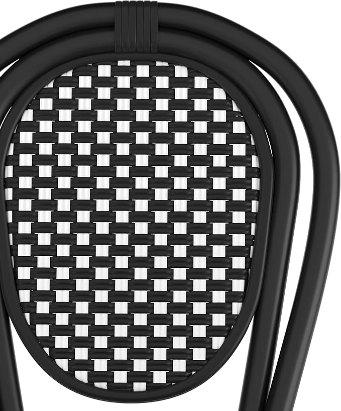 Flash Furniture Lourdes Indoor/Outdoor Commercial Thonet Bistro Stack Chair - Black/White PE Rattan Back and Seat - Black Metal Frame - Set of 4