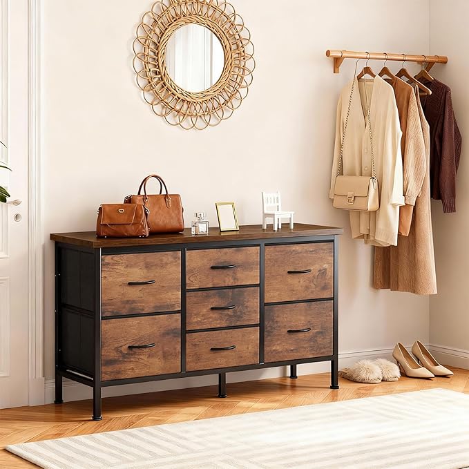 DUMOS TV Stand 7 Drawer Dresser for Bedroom with Storage TV Stands for Living Room Grey, Farmhouse Entertainment Center Media Console Table with Metal Frame Adjustable Feet