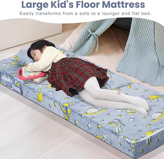 MeMoreCool Foldable Futon Chair Bed for Kids, Glow Tri-fold Sofa Bed Convertible Toddler Sofa Mattress, Foam Floor Couch for Sitting, Blue