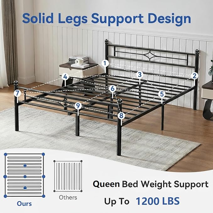 Metal Bed Frame Queen Size - 14 Inch Platform Bed Frame with Headboard/Heavy Duty Sturdy Mattress Foundation/No Box Spring Needed/Easy Assembly, Black, Queen