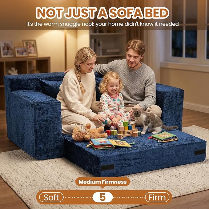 Convertible Sofa Bed, 5 in 1 Small Boneless Couch Pull Out Loveseat Sleeper Sofa,Corduroy Futon Couch Folding Mattress with 4 Pillows for Living Room (Blue, Loveseat(Silky Velvet))