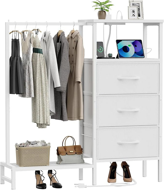 Dresser for Bedroom with Hanging Rack, 3 Drawers Closet with Charging Station, Faric Chest of Drawers with Clothes Rack, Storage Organzier for Hallway Entryway, White