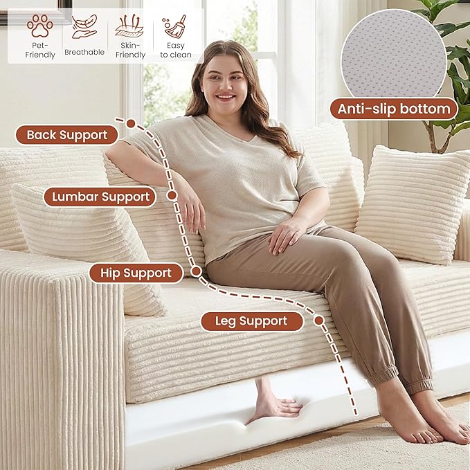 Convertible Sofa Bed, 5 in 1 Small Boneless Couch Pull Out Loveseat Sleeper Sofa,Corduroy Futon Couch Folding Mattress with 4 Pillows for Living Room (Beige, 3 Seater)