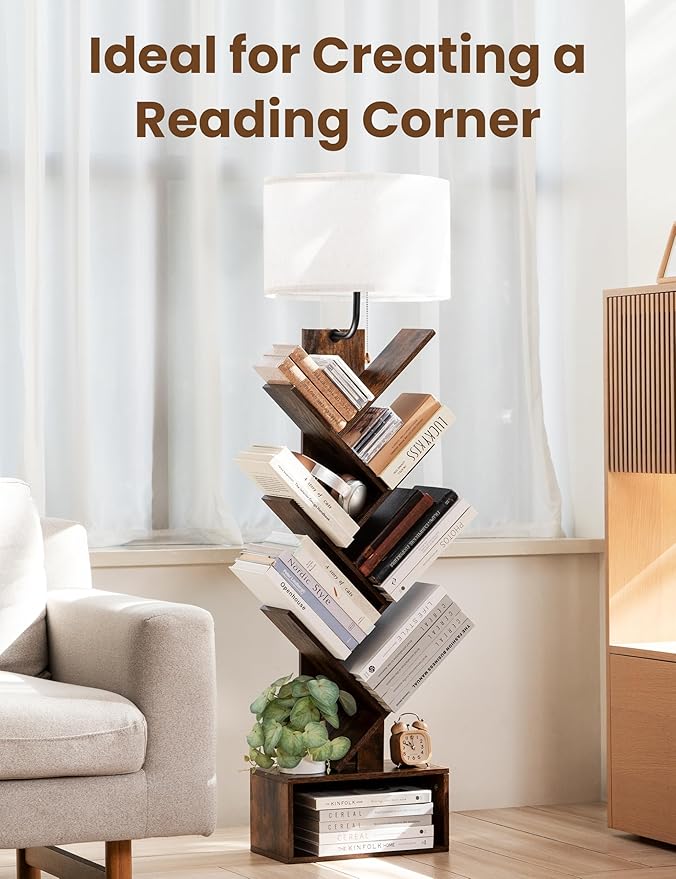 6 Tier Tree Bookshelf with Light, Corner Tall Narrow Bookshelf, Small Bookcase with Storage Cabinet,Floor Standing Bookshelves Organizer for Bedroom/Living Room/Home Office, Rustic Brown