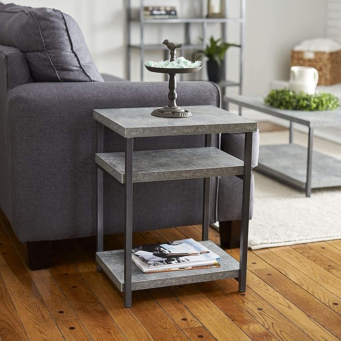 Household Essentials Jamestown Rectangular Side End Table with Storage Shelves Rustic Slate Concrete and Black Metal