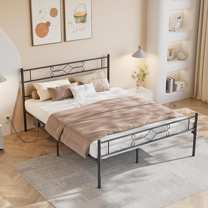 VECELO Queen Size Metal Platform Bed Frame with Headboard & Charging Station,Premium Steel Slat Support No Box Spring Needed,Noise-Free Anti-Slip,Easy Assembly