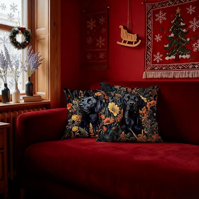 William Morris Inspired-Floral Black Labrador Pillow Covers 18x18 Set of 2, Black Lab Gifts for Women,Cottagecore Botanical Elegant Lab Dog Decorative Pillow Covers for Home Living Room Bedroom