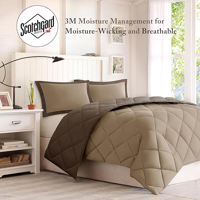 Madison Park Essentials Comfort Classics Larksppur Reversible Down Alternative 3M Scotchgard Comforter Mini Set, Twin/ Twin X-Long, Brown/ Sand