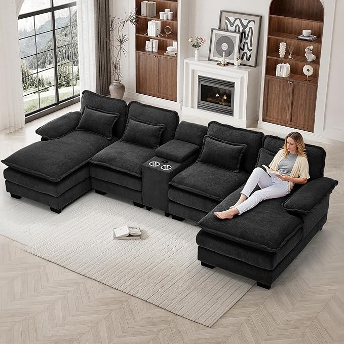 133" Oversized U Shaped Cloud Couch Modular Sectional Couches for Living Room Comfy Chenille Deep Seat Sofa Set with Double Chaise Lounge, Storage Central Console, Cup Holders, USB Port, Black