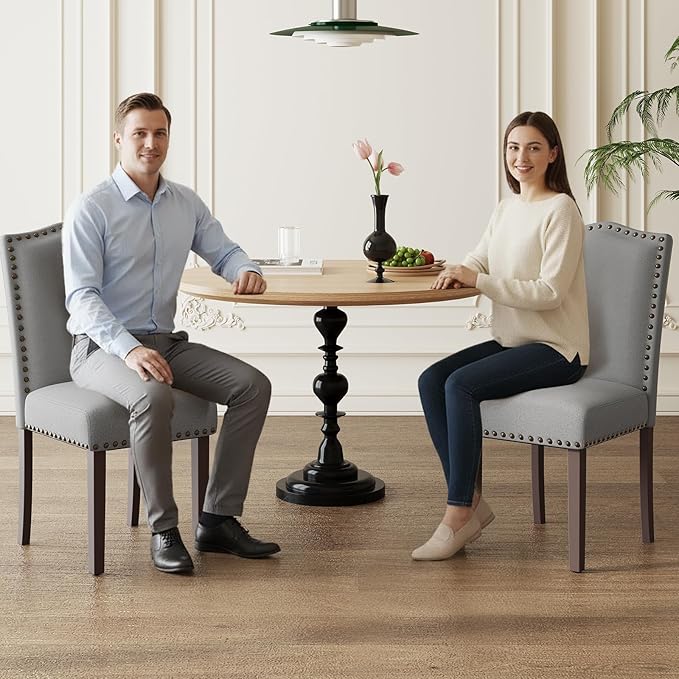 Dining Chairs Set of 2, Soft Comfortable Upholstered Parsons Chairs with High-Density Cushion & Solid Wood Legs, Nailhead Trim, Modern Accent Chairs for Dining Room, Kitchen, Living Room – Grey