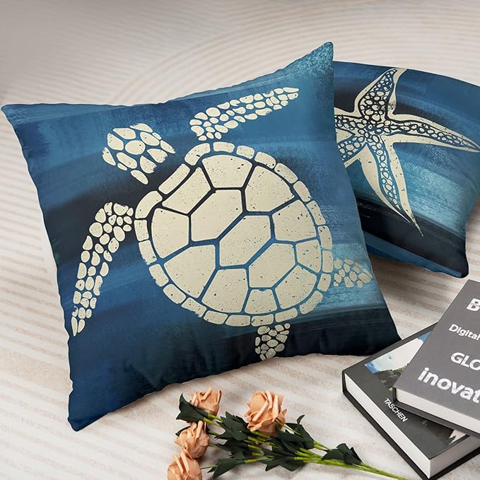 Marine Sea Turtle White Starfish Throw Pillow Covers 18x18 Nautical Coastal Cushion Covers Navy Blue Pillow Covers Set of 2 Double Sided for Living Sofa Bedroom Indoor Room Decor