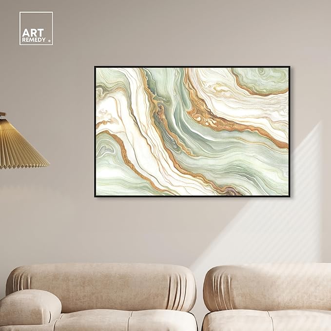 Art Remedy Green And Gold Framed Mineral, Agate & Geode 1 Piece Canvas Wall Art, 46" x 31", Black Frame