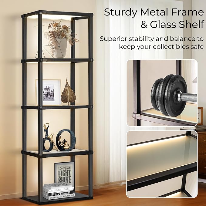 Tall Display Shelf Floor Lamp, Dimmable LED lamp with 3 Color Temperatures, Sturdy Glass Curio Cabinet Bookcase with Remote Control, Floor Lamp with Shelves for Living Room Decor, Collectibles (Black)