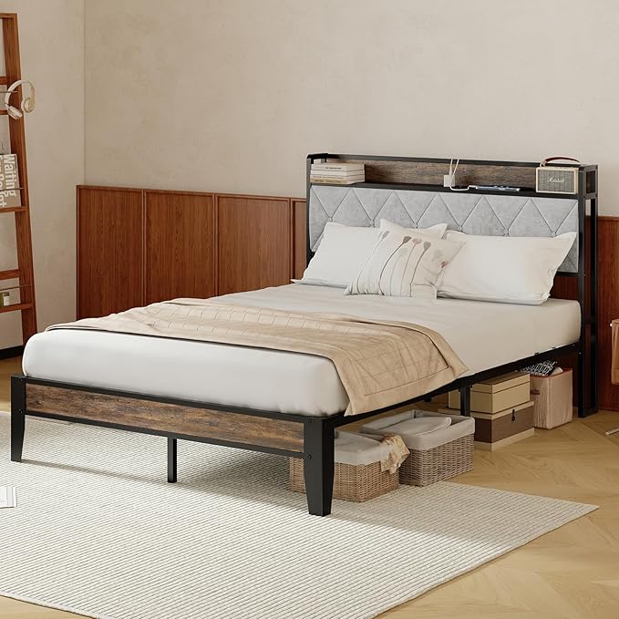 Sweetcrispy Full Bed Frame with Headboard, Storage Headboard with USB Charging Station, Durable Squeak-Free Frame, Simple No-Tool Assembly,Works with Full Mattress No Box Spring Needed