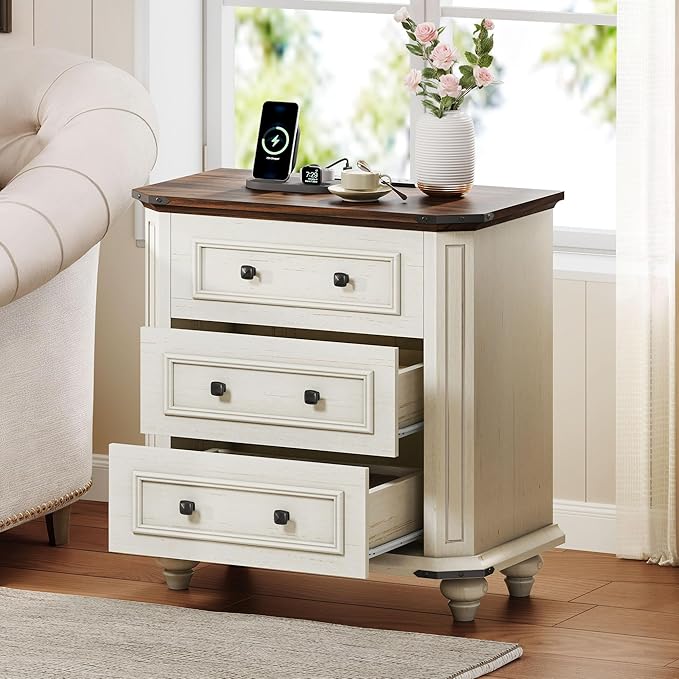DWVO 29 Inch Wide Nightstand with Charging Station, Farmhouse Bedside Table with 3 Drawers, Wood Night Stand w/Storage, Rustic Bed Side End Table for Bedroom Dorm Small Space, White