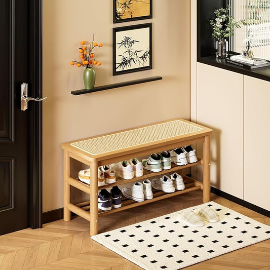 Bamboo Shoe Rack Bench with Rattan Seat, 3-Tier Shoe Storage Bench, Entryway Bench for Hallway，Nature-31.5 inches