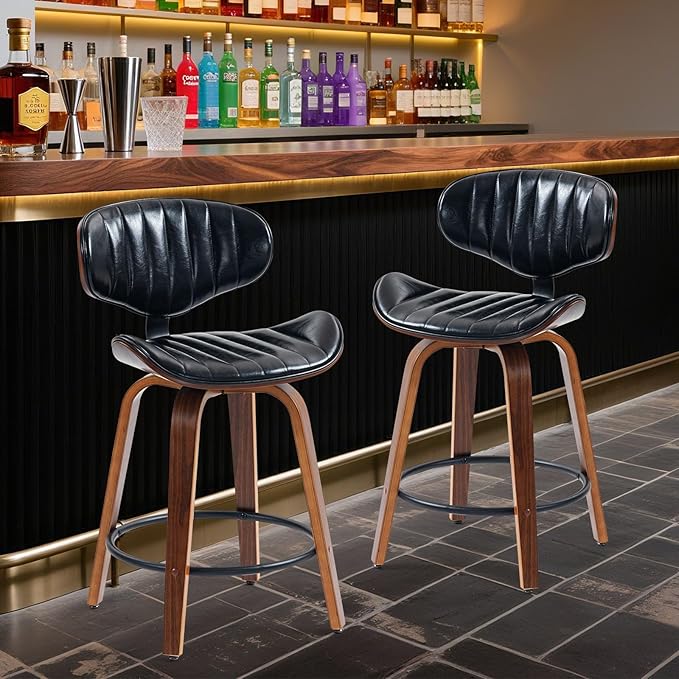 Bar Stools Set of 3, 24 inch PU Leather Wooden Bentwood Barstools Swivel Counter Height Modern Breakfast Bar Chairs with Backrest and Footrest for Kitchen Island, Dining Room D035-Black-3
