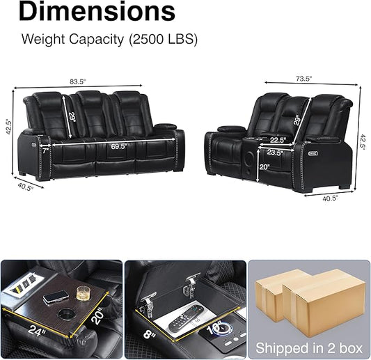 THSUPER Black Leather Power Recliner Sofa Loveseat Sets with Arm Storage and Power Headrest, Leather Living Room Reclining Sofa and Loveseat Set with Cup Holders and Bluetooth Speaker. | Breathable material, LED ambient light, Reading light, Hidden out...