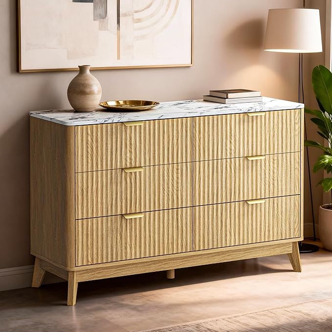 47" Fluted Dresser for Bedroom with Arc-Shaped Corner,6 Drawers,Modern Chest of Drawers with Metal Handle, Wood Closet Clothes Storage Organizer with Curved Edges for Bedroom,Natural