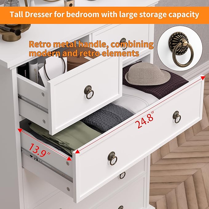 6 Drawer Tall Dresser for Bedroom, White Large Chest of Drawers, Modern Farmhouse 6 Drawers Storage Dresser for Living Room, Hallway, Entryway, Home Office