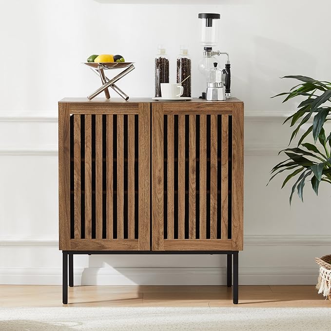 Mericonia Buffet Cabinet with Storage, Sideboards 2 Doors with Metal Base and Adjustable Shelf for Kitchen, Coffee Bar, Entryway, Hallway,Living Room (2 Door Buffet Cabinet, Grille-Walnut 2.0)