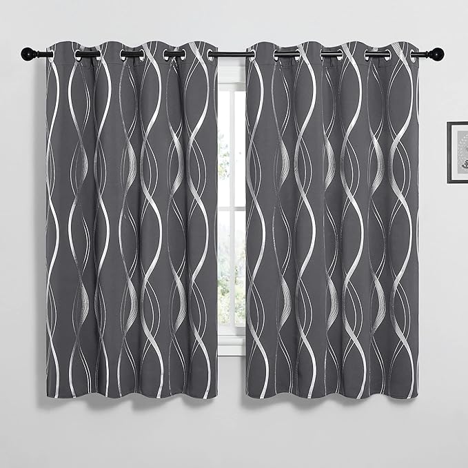 NICETOWN Bedroom Blackout Curtains Panels - Window Treatment Thermal Insulated Solid Grommet Blackout Wave Line Foil Print Design Curtains for Living Room (Set of 2, 52 by 63 Inch,Grey)