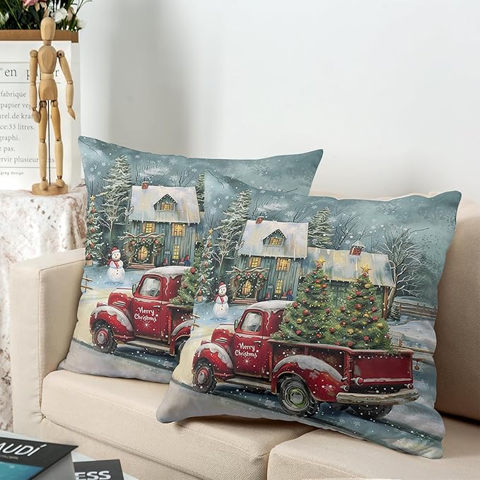 Red Truck Christmas Pillow Covers 22x22 Set of 2 Merry Christmas Pillow Case for Winter Holiday Decorations Couch Bedroom Xmas Tree Cabin Snowman Cushion Case