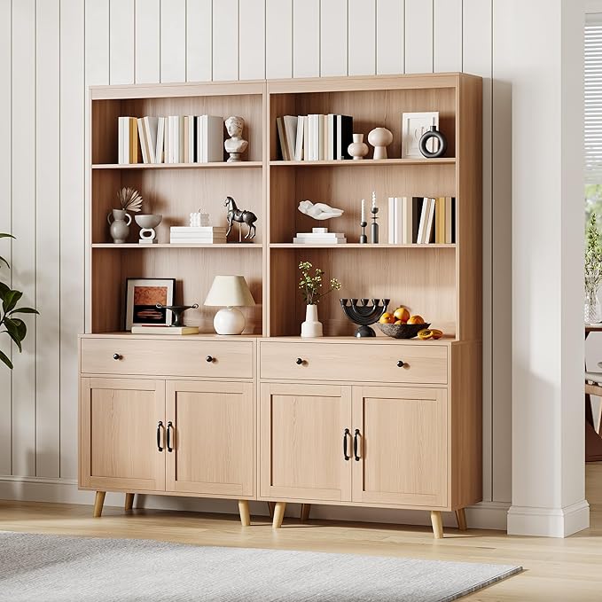 GarveeHome Tall Bookshelf with Storage Cabinet, 72.4" Wood Bookcase with 4 Doors and 2 Drawer & Open Shelves, Freestanding Display Bookshelves for Home Office, Living Room, Bedroom, Kitchen (2 Pcs)