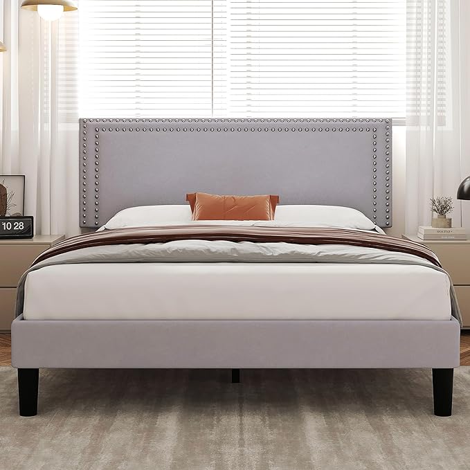 VECELO Full Size Bed Frame with Adjustable Upholstered Headboard, Wooden Slats Platform, Noise-Free Design, No Box Spring Needed, Easy Assembly